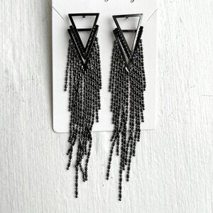Silver Geometric Triangle Fringe Earrings – Statement Dangle Chain Earrings